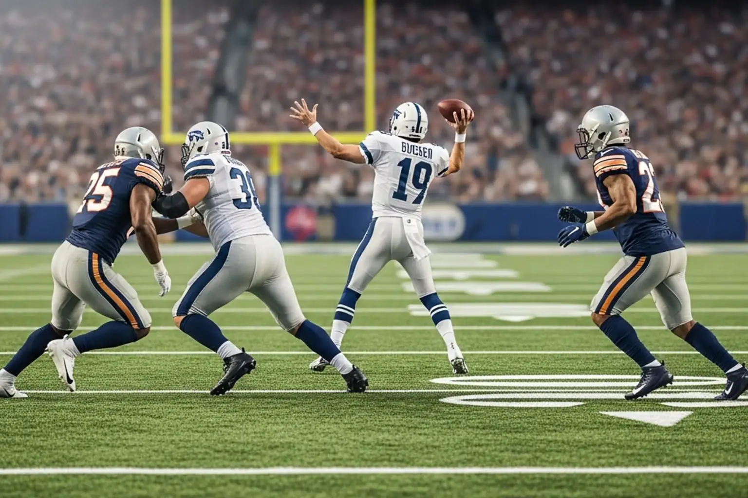 American football players in action on the field representing player, team and game prop bet categories