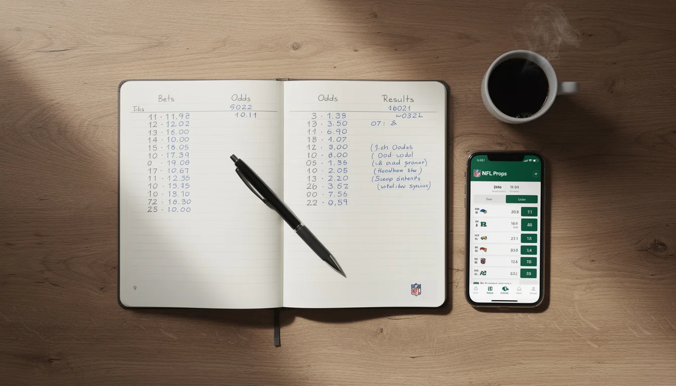 Notebook with a staking plan and pen beside a phone showing an NFL prop betting slip